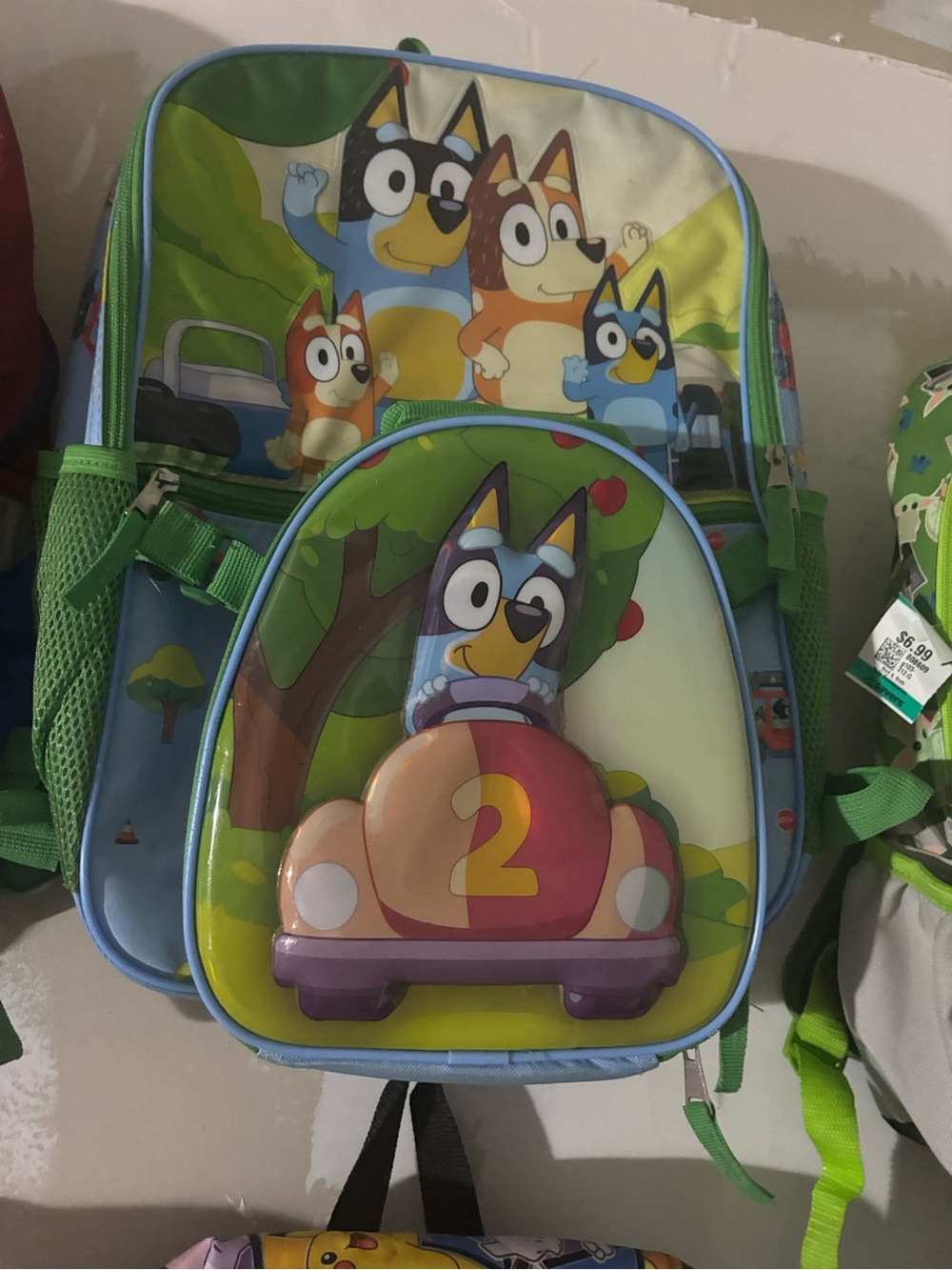 Blue & Green Cartoon Kids Backpack with Number Car Graphic